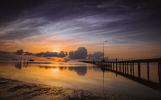 Картинка песок, море, облака, пляж, солнце, небо, тучи, закат