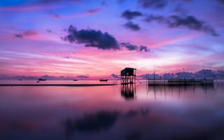 Картинка море, небо, конструкция, отражение, сеть, лодка, облака, закат