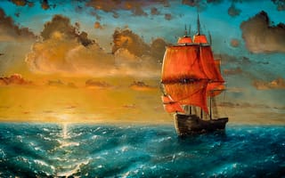 Картинка арт, облака, закат, волны, парусник, море, корабль