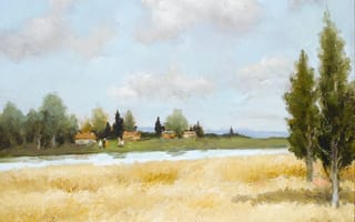 Картинка Марсель Диф, пейзаж, деревья, поле, картина, дома, Пшеница и река