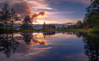 Картинка закат, дом, озеро