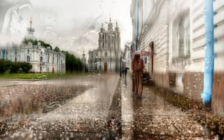 Картинка Санкт-Петербург, дождь, зонт, плащ, капли, девушка