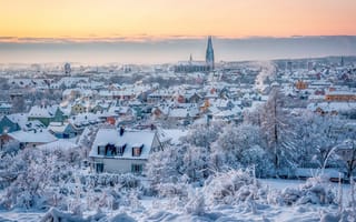 Картинка зима, Bavaria, панорама, снег, дома, здания, Германия, Regensburg, Регенсбург, Бавария, Germany