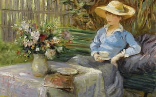 Картинка Марсель Диф, Молодая женщина, сидящая на скамейке, стол, цветы, букет, жанровая, картина, ваза