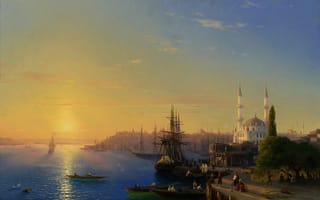 Картинка Константинополь, город, здания, картина, порт, мечеть, парусники, Босфор, небо, деревья, архитектура, корабли, пристань, свет, Айвазовский, лодки, люди, море, пейзаж