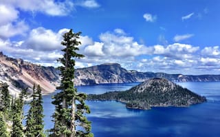 Картинка Crater Lake, деревья, Oregon, Crater Lake National Park, Озеро Крейтер, остров, Орегон