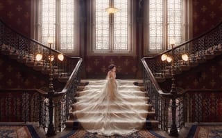 Картинка свадьба, лестница, невеста, платье, окна, фонари, свадебное платье