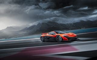 Картинка McLaren, Supercar, Orange, Clouds, Drifting, Track, P1, Skid