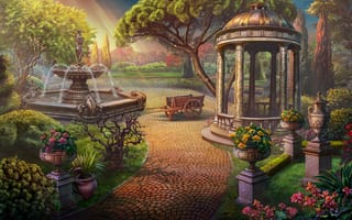 Картинка Сад, свет, цветы, фонтан, беседка