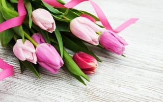 Картинка цветы, букет, colorful, tulips, flowers, wood, тюльпаны, pink