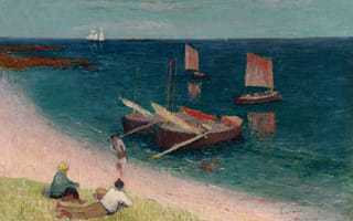 Картинка Анри Море, парус, люди, лодки, картина, морской пейзаж, берег, Пляж на Лазурном Берегу