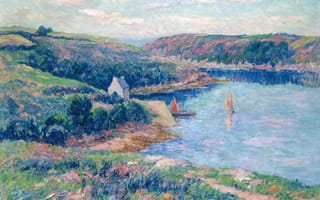 Картинка Анри Море, пейзаж, яхта, картина, Река Белон, холмы, парус, горы, лодка