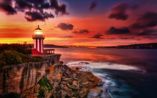 Картинка море, закат, Watsons Bay, Маяк Хорнби, Hornby Lighthouse, New South Wales, скала, маяк, Australia, Новый Южный Уэльс, Залива Ватсонс, Австралия