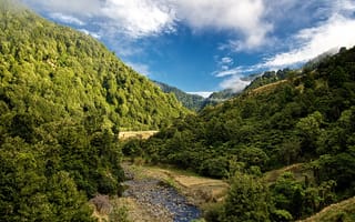 Обои Новая Зеландия, облака, камни, лес, ручей, горы, деревья, небо