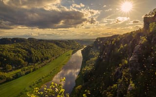 Картинка лес, солнце, река, горы, берег, птица, водоем