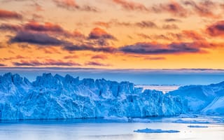 Картинка море, небо, Гренландия, облака, глыбы, лёд