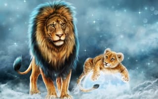 Картинка животные, львенок, лев, отец, царь, сын, хищник