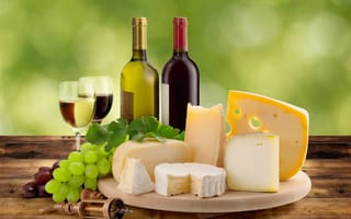 Картинка вино, сыр, бутылки, виноград