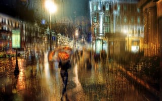 Картинка Санкт-Петербург, девушка, ночной дождь, капли, зонт