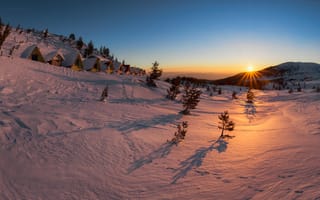 Картинка Болгария, хижина, горизонт, небо, снег, горы Пирин, зима, закат, Благоевград, Национальный парк Пирин