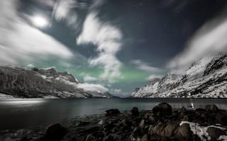 Картинка Ersfjorden, фьорд, Norway, горы, Эрсфьордботн, Норвегия, северное сияние