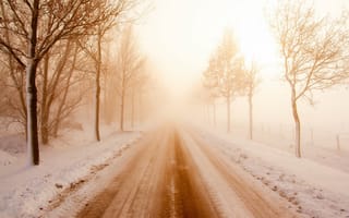 Картинка дорога, снег, туман