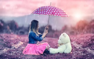 Картинка Me and Teddy, Alessandro Di Cicco, девушка, зонт, дождь, мишка