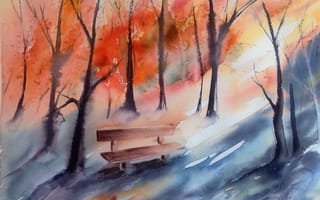 Картинка скамья, осень, акварель