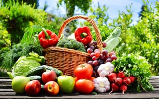 Картинка овощи, редис, чеснок, корзина, яблоки, природа, виноград, перец, фрукты, огурцы, помидоры, капуста