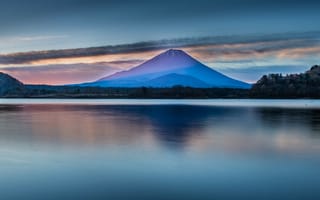 Картинка Япония, Фудзияма, озеро, гладь, небо, деревья, пейзаж, гора
