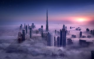 Картинка город, закат, облака, вечер, Арабские Эмираты, nature, skyscrapes, небо, Dubai, здания, sunset, многоэтажки, небоскребы, city, высотки, ОАЭ, Дубаи