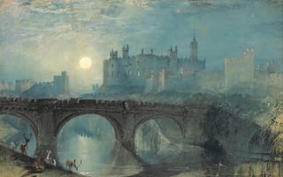 Обои Уильям Тёрнер, картина, олени, мост, пейзаж, солнце, Замок Алник, река, закат, Англия