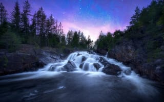 Картинка Ringerike, Norway, Норвегия, камни, звёздное небо, деревья, река, водопад, каскад, Рингерике