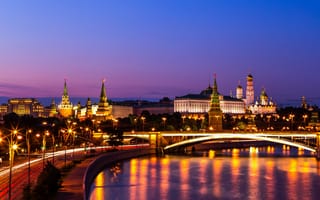 Картинка Москва, набережная, ночной город, Россия, Москва-река, река, мост, Большой Краснохолмский мост, Кремль