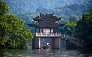 Картинка China, деревья, мост, река, лодка, Китай, павильон