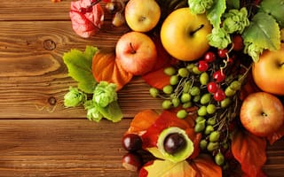 Картинка autumn, berries, осень, still life, leaves, apples, листья, fruit, натюрморт, harvest, яблоки
