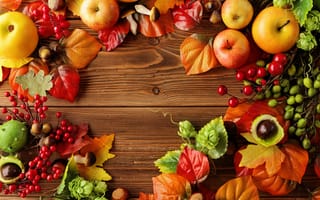 Картинка autumn, натюрморт, leaves, осень, apples, яблоки, berries, harvest, fruit, листья, still life