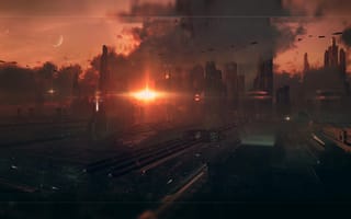 Картинка город будущего, доки, небоскребы, смог, закат, корабли, фантастический вид, солнце