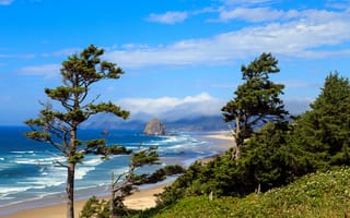 Картинка США, прибой, Oregon, пляж, облака, деревья, небо, побережье, рифы, море, камни, песок