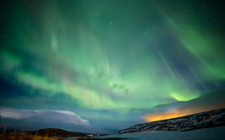 Картинка Скандинавия, снег, сияние, горы, ночь