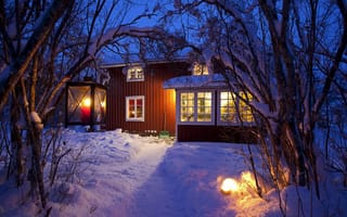 Картинка Зима, снег, свет, дом, фонари