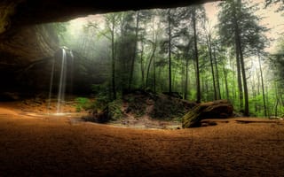 Картинка лес, водопад, панорама, грот, скала