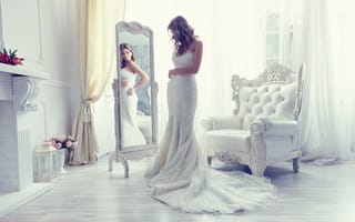 Картинка невеста, платье, стиль, кресло, свадебное платье, отражение, зеркало