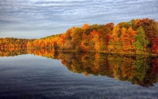 Картинка краски, природа, небо, осень, вода, отражения, деревья