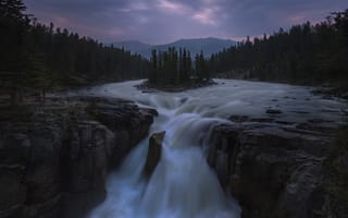 Картинка лес, водопад, сумерки, поток