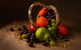 Картинка темный, яблоки, натюрморт, груши, корзинка, виноград, фрукты, еда