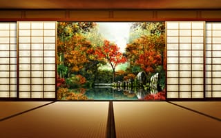 Картинка япония, японский дом, деревья, вид на сад, природа, погода