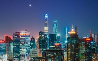 Картинка Китай, Oriental Pearl Tower, огни, Shanghai World Financial Center, города, Shanghai Tower, Шанхай, луна, небо, ночь, горизонт