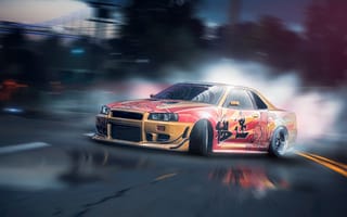 Картинка дрифт, Skyline, drift, R34, Need For Speed, GT-R, game art, Nissan, by Zakon X, tuning