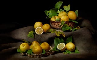Картинка лимон, еда, предметы, черный, натюрморт, много, мешковина, фрукты
